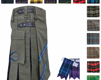 Hybrid Tartan Utility Kilt for Men - Premium Olive Green Cotton Blend with 8-Yard, 16oz Acrylic Wool Tartan Kilts - Made to Order