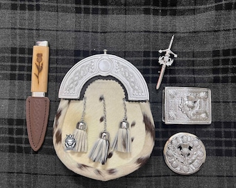 Scottish Kilt Sporran Set - Full Dress Kilt Sporrans Celtic Cantle Chrome Finish ,5-Piece Package with Belt, Buckle, and Brooch Pin