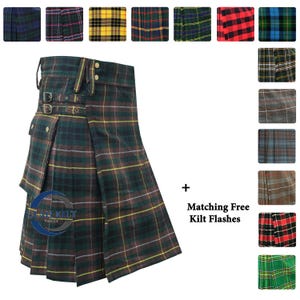 Puede incluir: Un kilt de tartán verde, marrón y amarillo con un cinturón a juego y un gran bolsillo de carga. El kilt se muestra con una variedad de otros patrones de tartán, incluidos rojo, azul y negro.