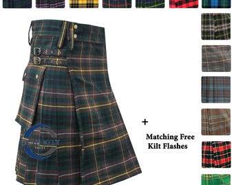 Men's Scottish Tartan Utility Kilts - Classic Highland Kilt, 8-Yard 16oz Acrylic Wool - Kilt Skirt with Flashes, Available in 60 Colors