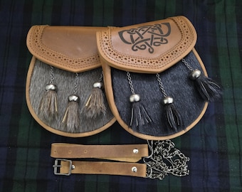 Scottish Kilt Sporran - Handmade Crazy Horse Leather - Semi-Dress Sporran for Kilts with Chain Belt, Premium Sporran Pouch - Scottish Gift