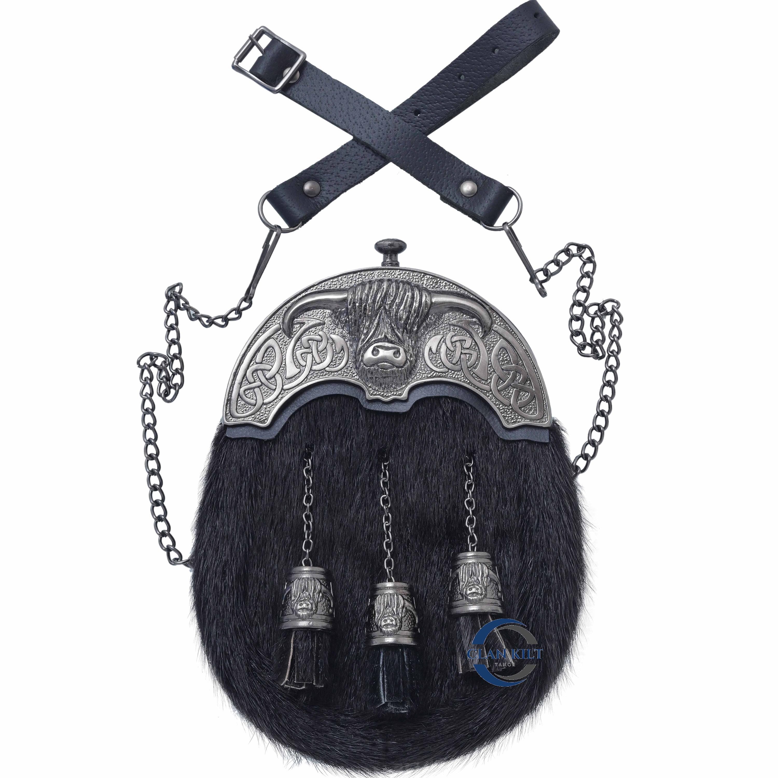 Sporran Scozzese In Pelliccia Nera Heilan Coo Con Cantle In Peltro Antico – Kilt Mania, Accessorio Formale Per Uomo