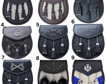 Scottish Kilt Sporran - Sporrans For Men - Semi Dress Black Leather Sporran for Kilts - Chain Belt, Christmas Gift