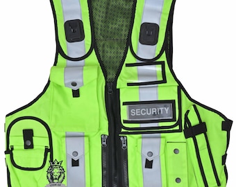 Tactical Security Vest with Dog Handler Safety hi viz yellow Jacket, CCTV Coverage, Reflective Badges – One Size Fits All Adults