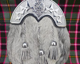 Scottish Kilt Sporran - Celtic Thistle Knot Cantle with Grey Fur Chrome Finish - Traditional Highland Dress Sporrans For Men - Chain Belt
