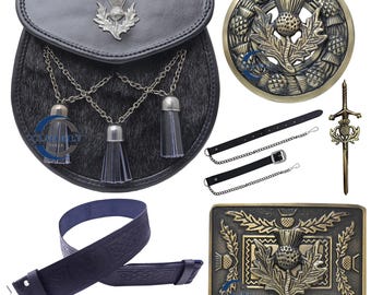 Scottish Tartan Kilt Sporran Set - Premium Semi-Dress 6-Piece Package with Sporran Belt, Celtic Leather Kilt Belt & Buckle, and Brooch Pin