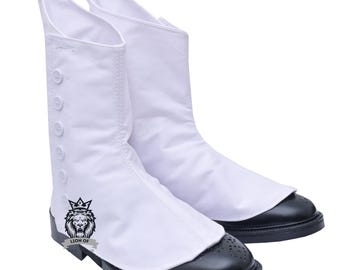 Scottish Piper & Drummer Marching Spats - Adjustable Ghillie Brogue Shoe Covers for Men, White/Black Buttoned Spats, Available Uk Size 6-14