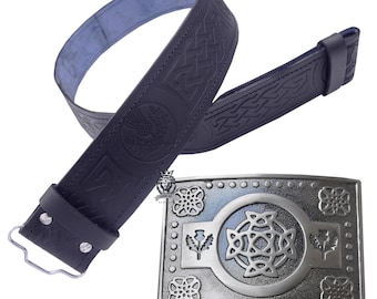 Kilt Belt & Buckle Set For Men - Scottish Thistle Black Leather Kilt Belt 2.25 Inches Wide - Celtic Thistle Kilt Belt Buckle