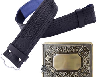 Scottish Kilt Belt and Buckle Set - Embossed Celtic Diamond Black Leather Belt - Antique Silver Celtic Knot Buckles - Men’s Highland Wear