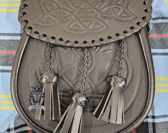 Geniune Leather Kilt Sporran For Men - Celtic Emboosed Black Leather Sporrans Chain & Belt - Scottish Handmade Semi Dress Sporran - Gift