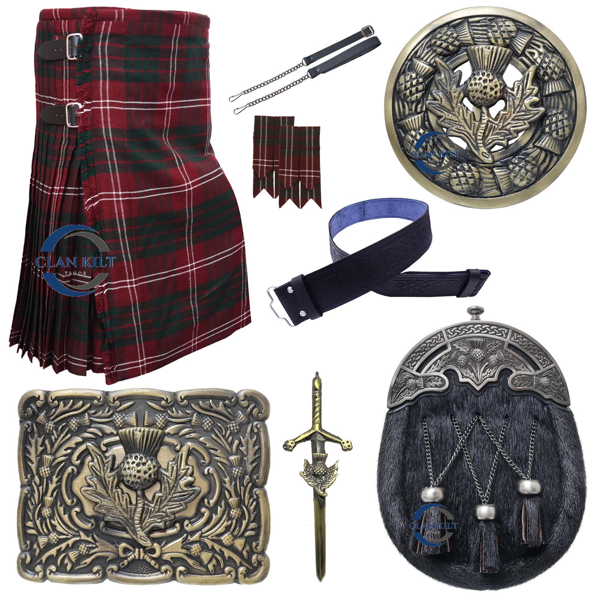 HW Men's Scottish Kilt Accessories 3-Piece Set – Leather Sporran, Belt & Buckle, Kilt Pin