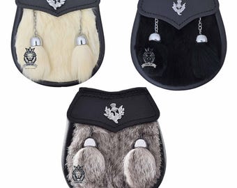 Premium Leather Kids Kilt Sporran — Black Fur Two Tassels, Geniune Black Leather Bag - Thistle Crest Badge with Chain Belt - Scottish Gift