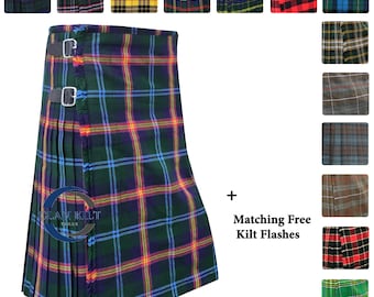 Men's Scottish Tartan Kilts - Handcrafted 8-Yard Highland Dress Kilt in 16oz Acrylic Wool with Flashes - Available in 60 Colors