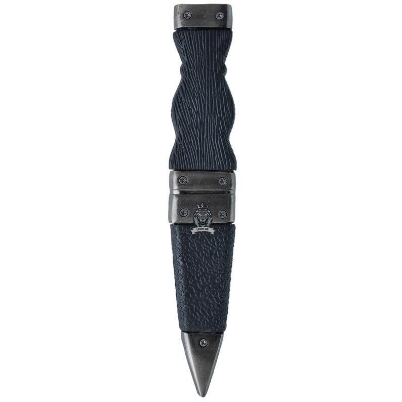May include: A dark blue dagger with a textured handle and a silver-colored blade. The handle has a unique, curved design. The dagger has a metal sheath with a lion emblem and the text "LION OF".