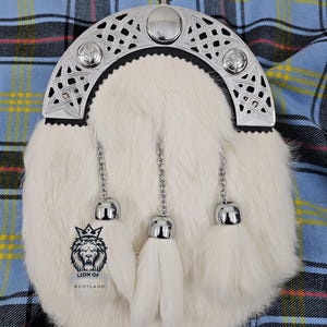 Scottish Full Dress Kilt Sporran For Men - Celtic Knot Cantle Chrome Finish - Pure White Fur Sporrans For Men with Leather Chain Belt