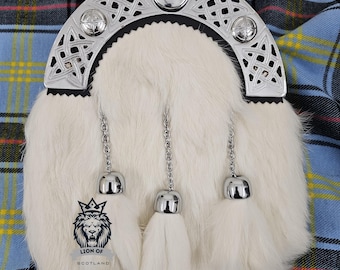 Scottish Full Dress Kilt Sporran For Men - Celtic Knot Cantle Chrome Finish - Pure White Fur Sporrans For Men with Leather Chain Belt