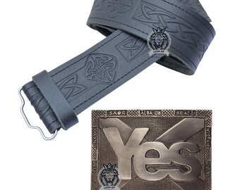Scottish Kilt Belt and Buckle Set - Celtic Diamond Black Leather Kilt Belt For Men - Genuine Men's Leather Kilt Belts - Perfect Gift For Him