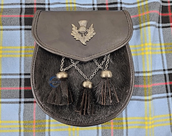 Deluxe Leather Kilt Sporran - Premium Handmade Thistle Embellm Sporrans For Men, Black Leather Chain Belt - Perfect Gift for Scottish Events