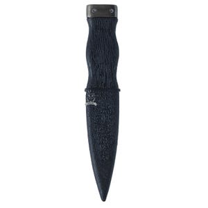 May include: A black dagger with a textured handle and a metal cap. The dagger has a pointed blade and a decorative band near the handle. The handle has a wood-like texture.