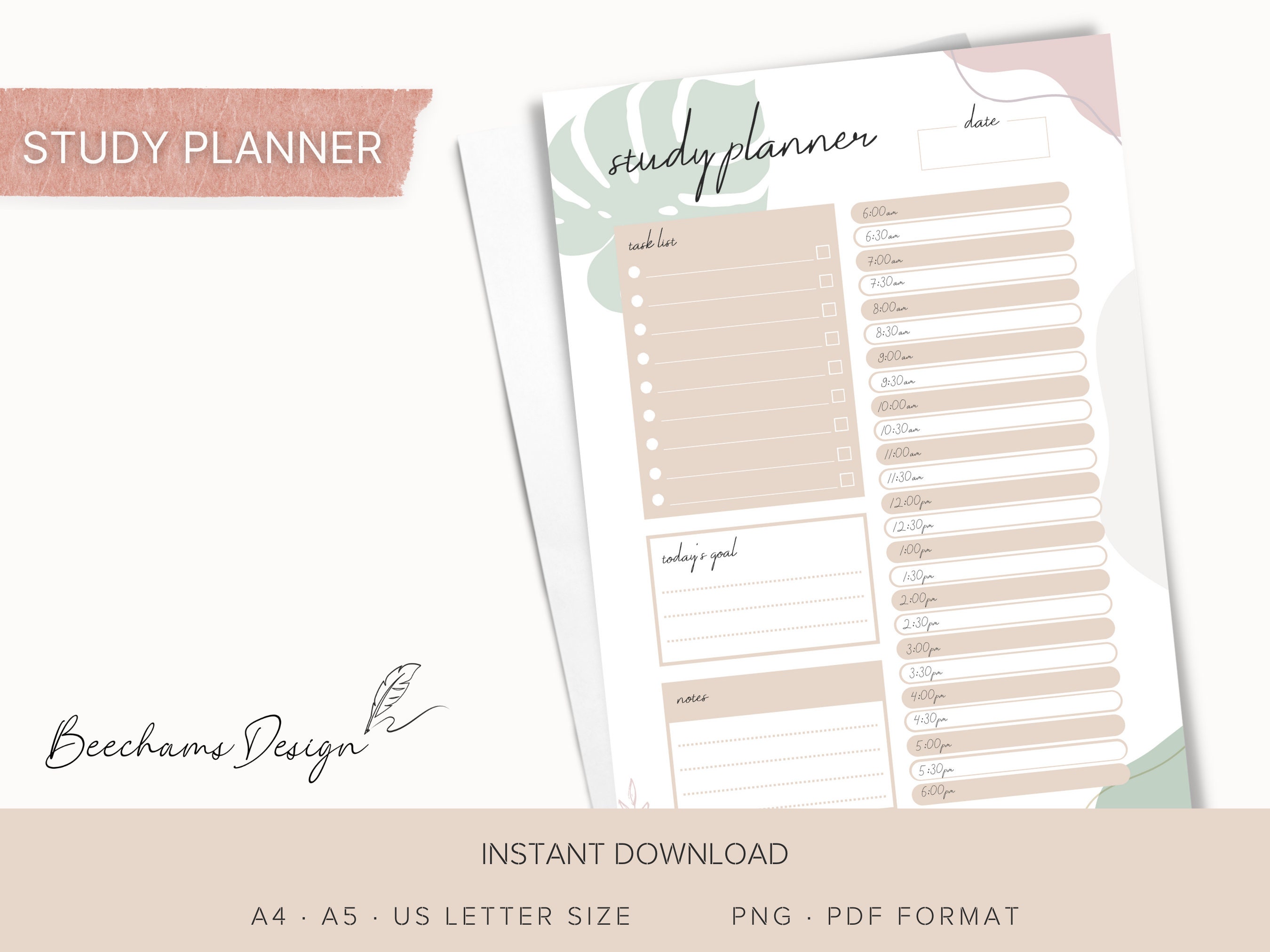 Study Planner Printable Tropical Minimalist | Daily Planner, Study ...