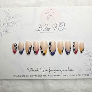 Vroom Vroom | Tricolor French Tip and Checker Flag design | Press On Gel Nails |