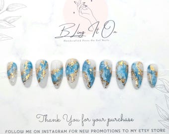 My Ocean Eyes | Blue Marble with Gold Flakes design | Press On Gel Nails