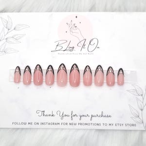 Black Diamond French Tip | Hand Printed Press On Gel Nails | DIY| Customizable | Various shapes and colors available