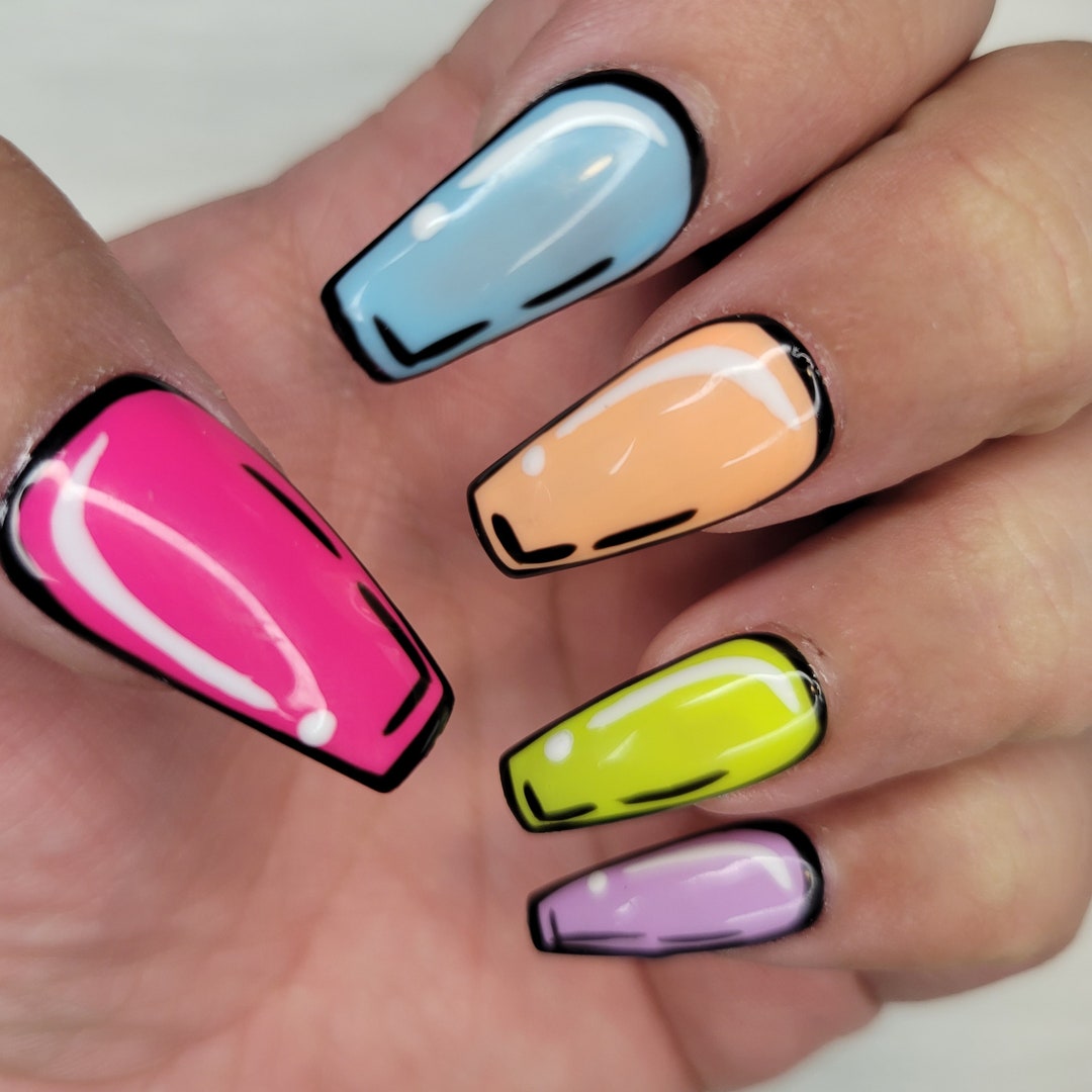 Colorful Pop Art Press on Gel Nails