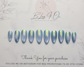 Mermaid Aura| Viral chrome cat eye design | Press On Gel Nails
