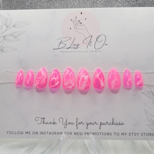 Jelly Hot Pink Marble | Hand Printed Press On Gel Nails | DIY| Customizable | Various shapes available