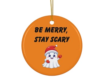 セラミックオーナメント、ゴーストサンタハットクリスマスデコレーション、Be Merry Stay Scary、ホリデーデコレーション、ハロウィンオーナメント、不気味なクリスマスギフト