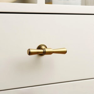 Puede incluir: Un pomo de armario de latón cepillado con un diseño en forma de T. El pomo está montado en una puerta de armario blanca.