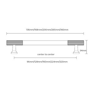 Pu&ograve; includere: Una maniglia per armadio in metallo nero con forma rettangolare e design scanalato. La maniglia &egrave; alta 34 mm e ha una misura centro-centro di 96 mm, 128 mm, 160 mm, 224 mm o 320 mm. La lunghezza totale della maniglia pu&ograve; essere di 136 mm, 168 mm, 200 mm, 265 mm o 360 mm.