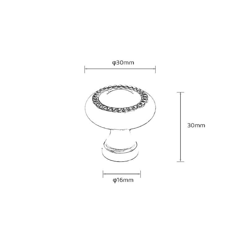 Peut inclure: Croquis d&eacute;taill&eacute; d'un bouton de meuble. Le bouton est rond avec un bord perl&eacute; d&eacute;coratif et une tige. Les mesures sont incluses : diam&egrave;tre 30 mm, hauteur 30 mm et diam&egrave;tre de la tige 16 mm.
