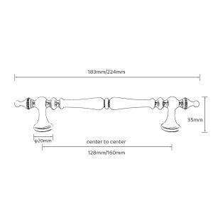 Peut inclure: Dessin au trait d'une poign&eacute;e de meuble d&eacute;corative. La poign&eacute;e mesure environ 183 mm de long, avec une distance de centre &agrave; centre de 128 mm. La poign&eacute;e mesure 35 mm de haut et 20 mm de diam&egrave;tre.