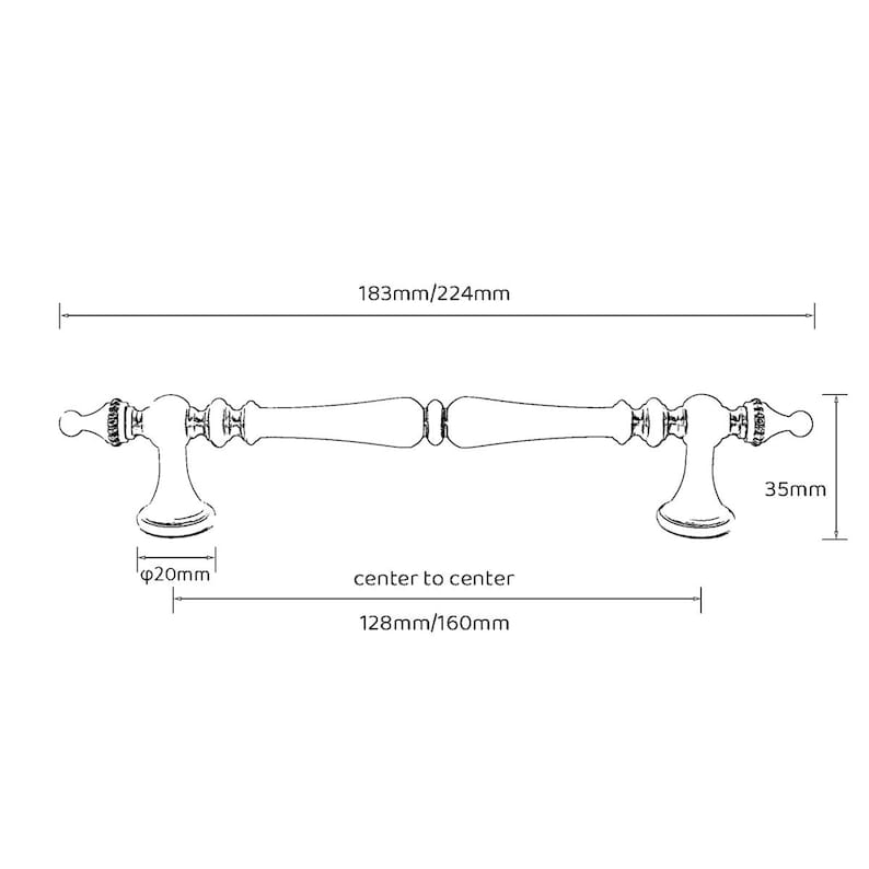 Peut inclure: Dessin au trait d'une poign&eacute;e de meuble d&eacute;corative. La poign&eacute;e mesure environ 183 mm de long, avec une distance de centre &agrave; centre de 128 mm. La poign&eacute;e mesure 35 mm de haut et 20 mm de diam&egrave;tre.