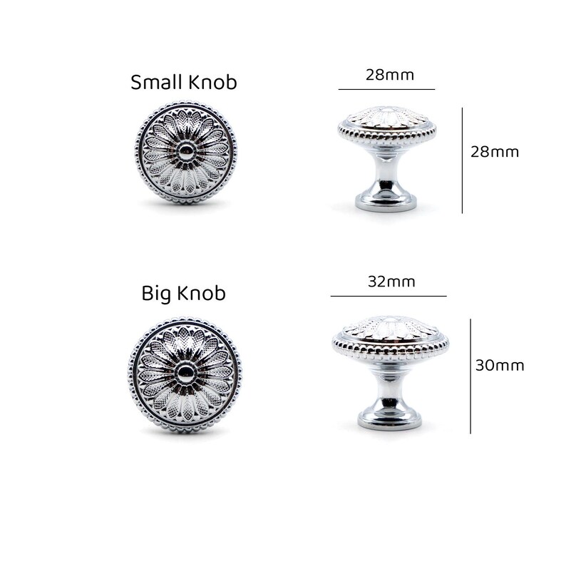May include: Two silver decorative knobs with a floral design. The smaller knob measures 28 mm in diameter and 28 mm in height. The larger knob measures 32 mm in diameter and 30 mm in height.