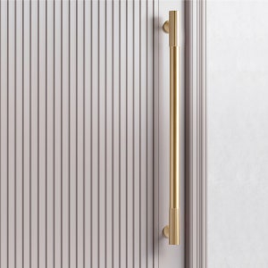 Pu&ograve; includere: Una maniglia per porta dorata con un design scanalato. La maniglia &egrave; montata su una porta bianca con pannelli verticali.