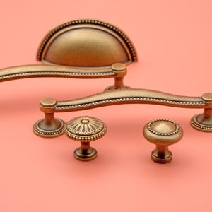 Antique Kitchen Cabinet Pulls | Vintage Brass Drawer Pulls | Antique Gold Cup Pulls | Solid Brass Knobs | Curved handles