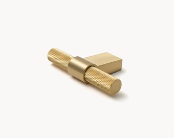 Gold Gerändelter T-Knopf aus massivem Messing | Messing Möbel Knäufe | Gerändelte Messingknöpfe | Knäufe Knäufe | Goldfarbene Knäufe | Schrankknauf