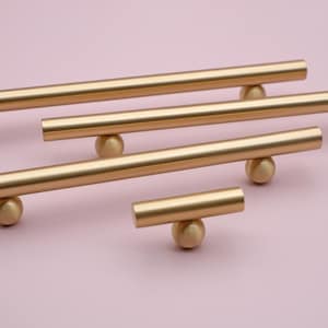 Brushed Gold Cabinet Handles | Brass Cabinet Pulls | Solid Brass Drawer Pulls | Satin Brass Handles | MCM Kitchen Pulls | Cabinet Hardware