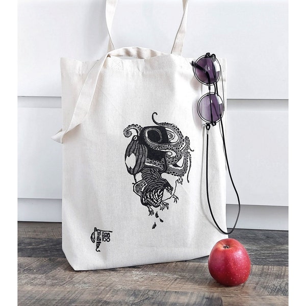Octopus print tote Animal design shopper bag Canvas carry-on handbag Octopus shoulder bag Urban fashion style