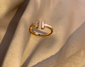 Double T Enamel Ring with Adjustable Size, Statement Ring Gold Ring Letter Ring