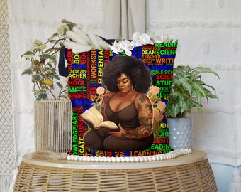 Curvy Black Teacher Reading Tote, African American Woman bag, Library Tote, Black Woman Tattoo Reading Bag, Reusable Bag, Plus Size Woman