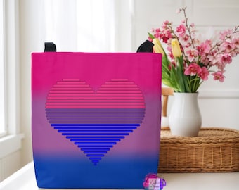 Bisexual Pride Heart Tote Bag - LGBTQ Rainbow Love Carryall, LGBT Flag Shopping Bag, Queer Pride Shoulder Tote, Bi Visibility Purse,