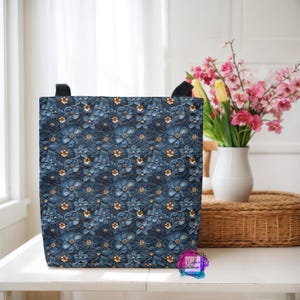 Faux Denim Flowers Tote Bag - Stylish Reusable Shoulder Bag, Eco-Friendly Market Tote, Floral Print Shopper Tote, Grocery Bag with Flower