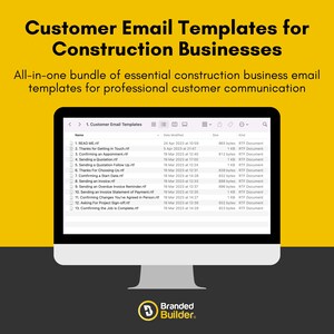 May include: A computer screen displaying a list of customer email templates for construction businesses. The list includes titles such as "Read Me", "Thanks for Getting in Touch", "Confirming an Appointment", and "Sending a Quotation".