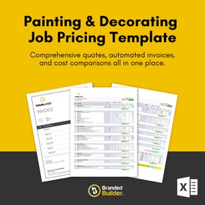 May include: A template for painting and decorating job pricing. The template includes an invoice, a quote sheet, and a cost comparison sheet. The template is designed to help businesses create comprehensive quotes, automated invoices, and cost comparisons all in one place.