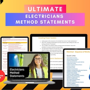 May include: A digital illustration of a laptop computer screen displaying a document titled "Electricians Method Statements". The document lists common electrical jobs and provides instructions for installing power sockets and electric radiators. The image also includes a document titled "Electrical - Sequence of Works" with a list of quick links to various electrical installation topics.