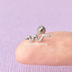 Snake Stainless Steel Earring with Round Flat Back, Internally Threaded Labret Stud Cartilage Helix Conch Tragus Piercing Cute Dainty Pretty